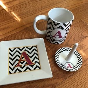 Set of mug, ring holder, and plate with letter A
